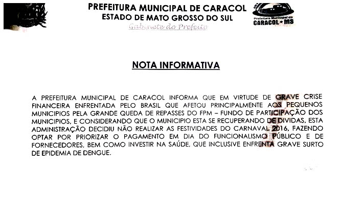 Prefeitura de Caracol anuncia que este ano não haverá carnaval de rua